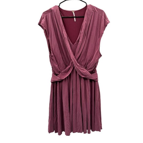 Free People Cupro Criss Cross Maeve Dusty Pink Short Sleeve Faux Wrap Mini Dress - Picture 2 of 10